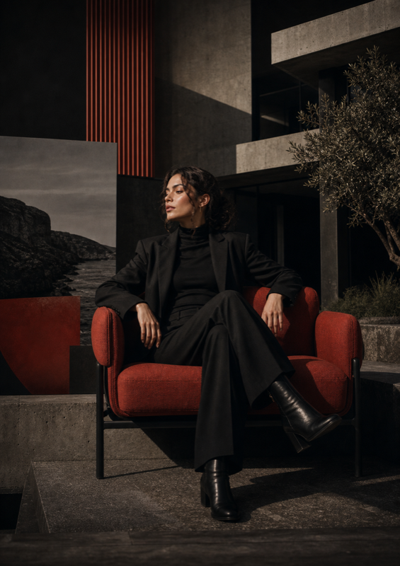 Architectural editorial poster with a seated creative director