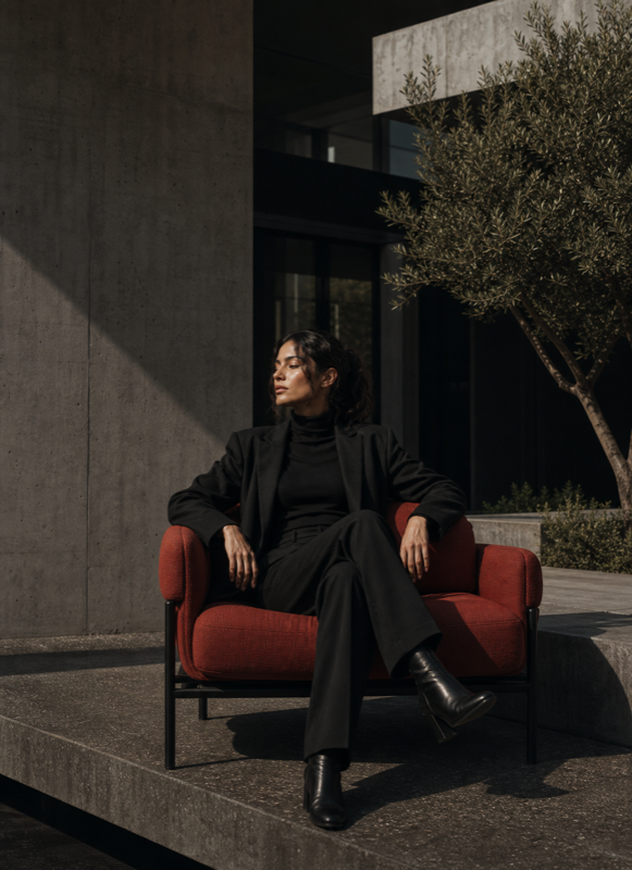 Courtyard reference photo with a seated creative director